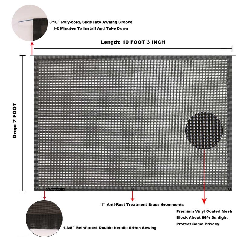 Tentproinc RV Awning Sun Shade Screen 7' X 10' 3'' (Fit for 11' Awning) Mesh Sunshade for RV Awning UV Sun Block Motorhome Camper Trailer Awning Sunscreen Screenshade - 3 Year Warranty (Black) - Image 5